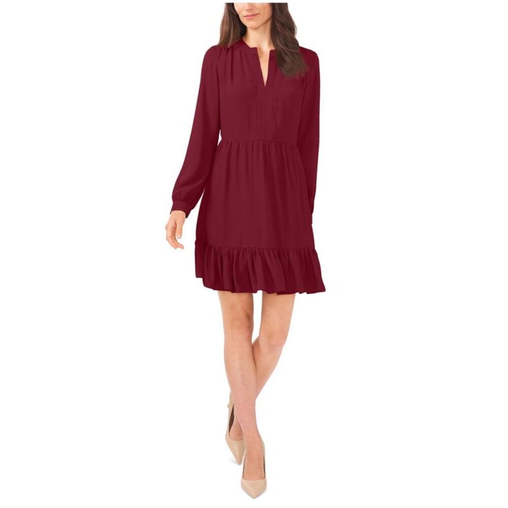 Vince Camuto Burgundy Long-Sleeve Ruffle Hem Dress